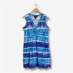 Calvin Klein Womens Tie Dye Stripe Mini Dress Sleeveless Wrap V-Neck Blue Medium